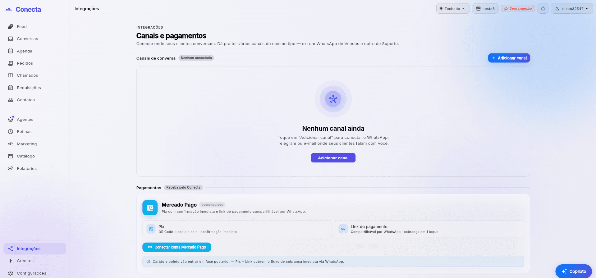 Painel do ConectaNext mostrando a tela de integrações com o WhatsApp conectado