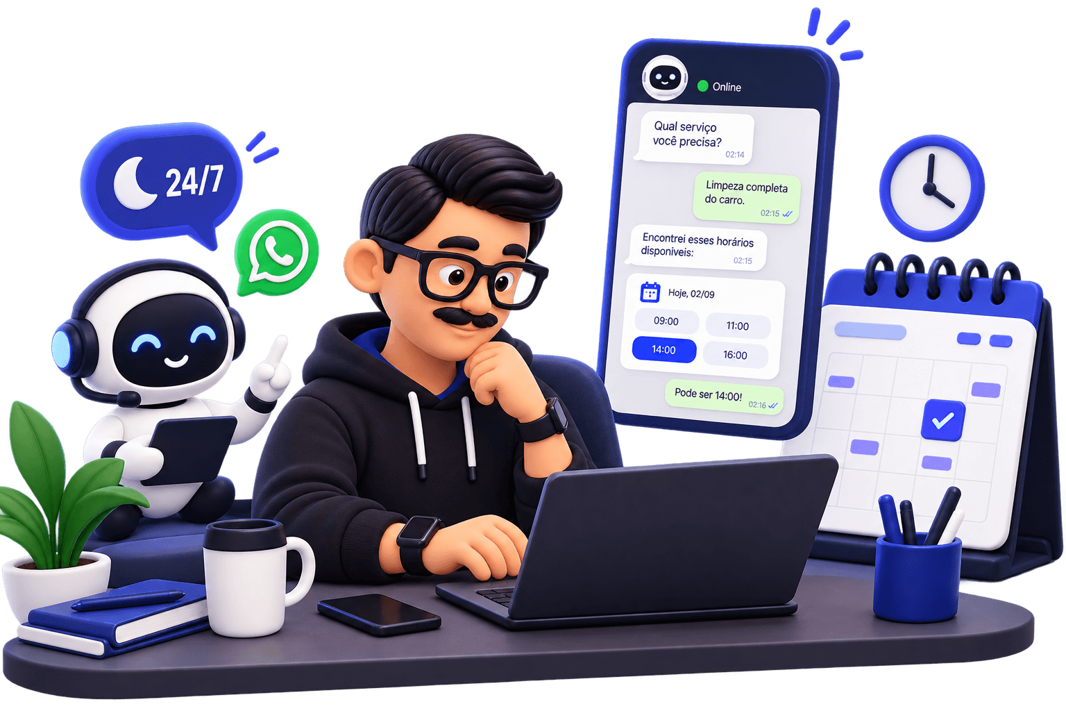 O agente respondendo no WhatsApp e marcando o horário na agenda enquanto a pessoa trabalha